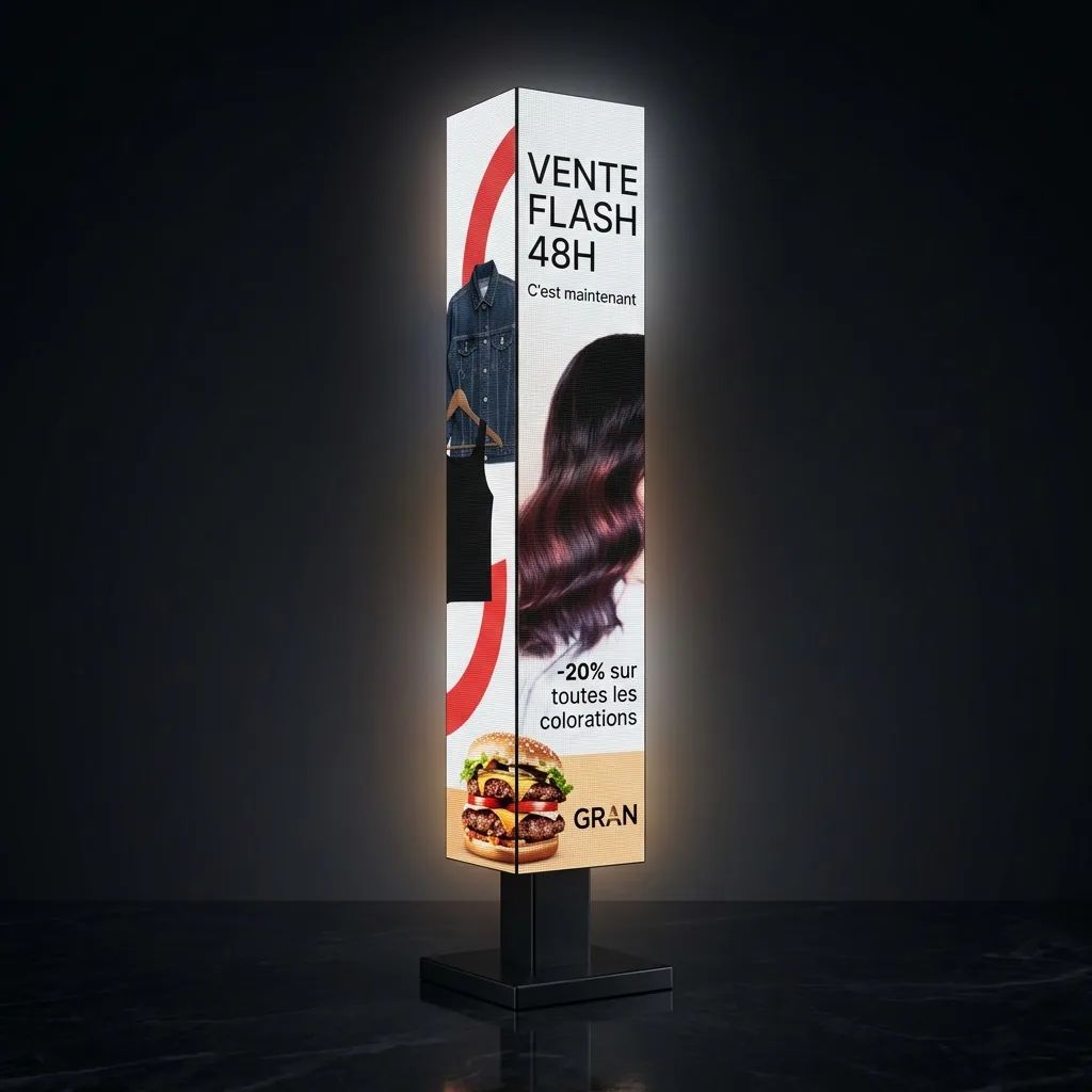 Totem LED Discovery 360° installé dans une boutique de luxe haut de gamme